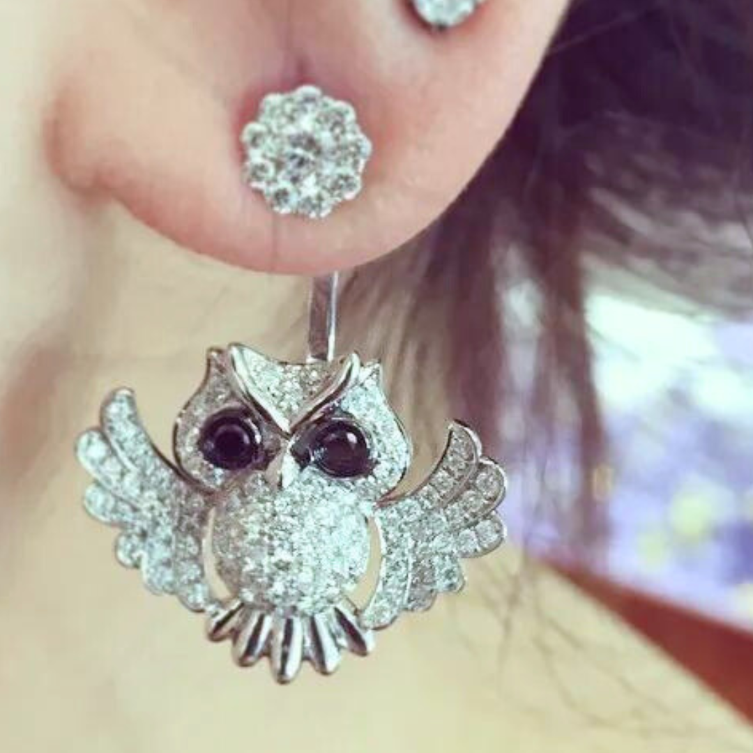 18K WHITE GOLD, DIAMOND & BLACK DIAMOND OWL EARRING JACKETS 1.30cts