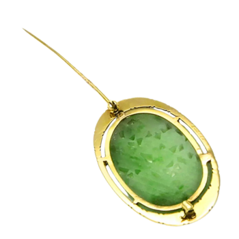 Authentic Vintage Cartier 14K Yellow Gold Carved Natural Green Jade Brooch Pin