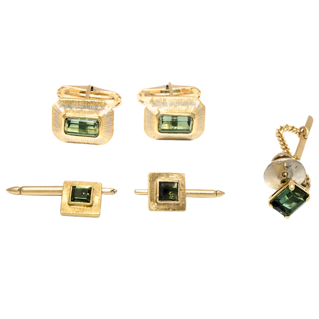 Estate Tourmaline Solid 14K Gold Cufflinks and Tie Tag Set 14.2 grams