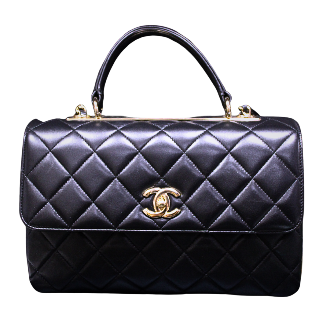Authentic Chanel Lambskin Flap Bag with Handle Gold-Tone Metal Black Box & Paper