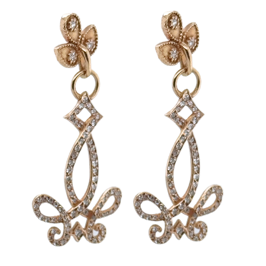 18k Rose Gold Fleur De Lis Diamond Dangling Earrings