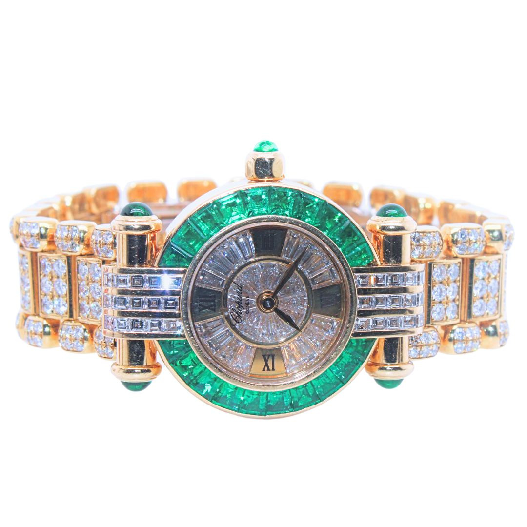 Chopard Imperiale Watch Emerald Baguette Bezel Yellow Gold on Bracelet Loaded with Diamonds and Emeralds