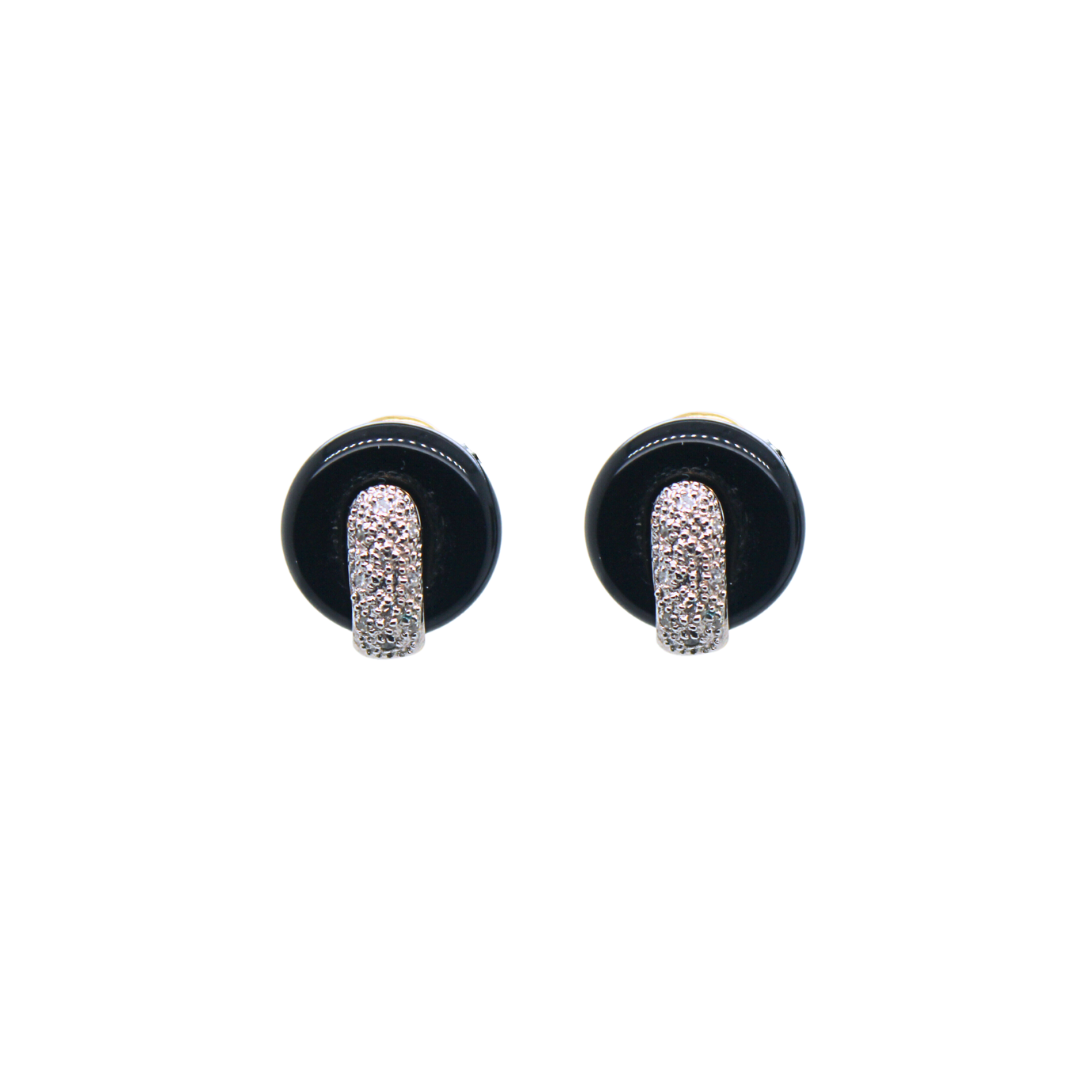 18K Yellow Gold Black Onyx and Diamond Earrings