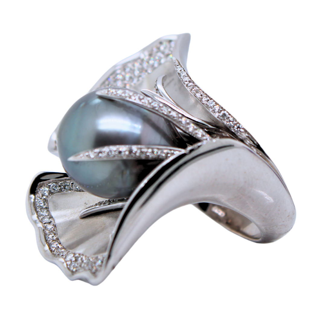 18K White Gold Tahitian Pearl and Diamond Ring 2CTW