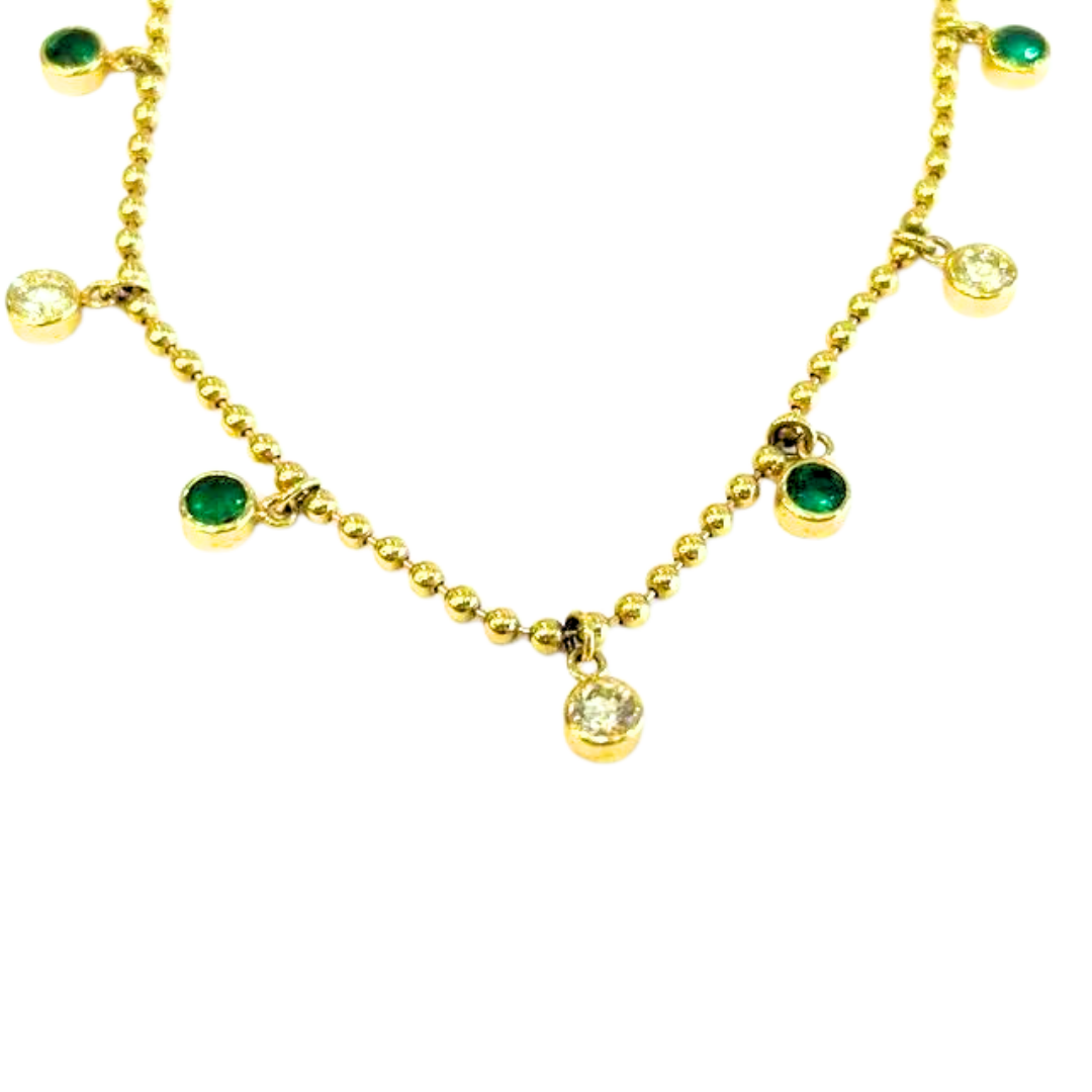 14K Yellow Gold Emerald & Diamond Ball Chain Drop Necklace 1.17 Carats