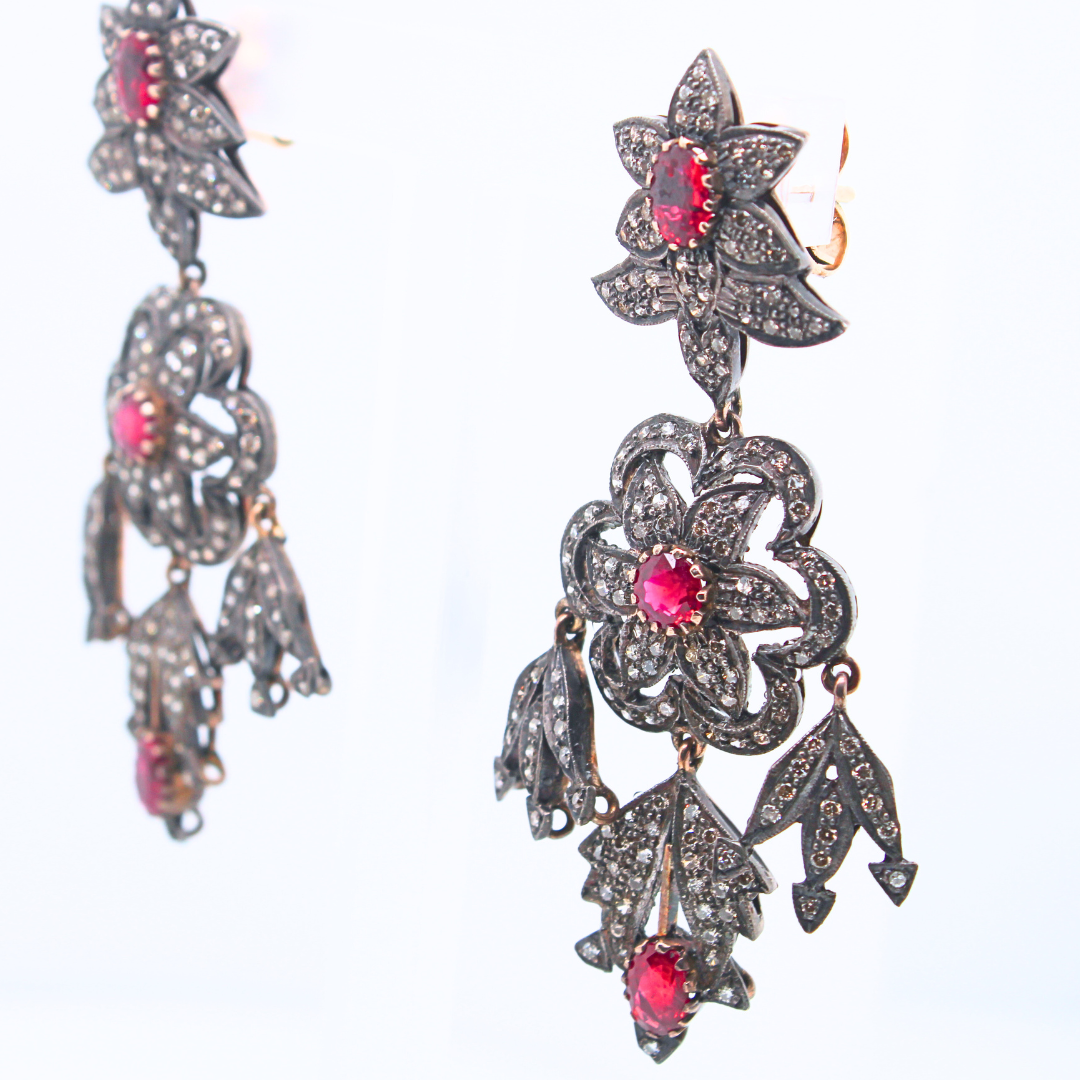 14k Yellow Gold Silver Top Antique Chandelier Ruby Earrings 6.00CTW