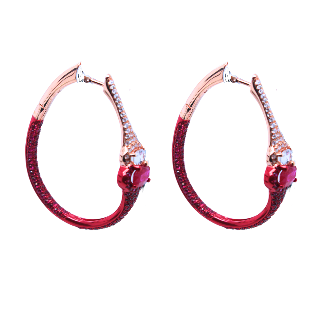 18k Rose Gold Ruby and White Sapphire Diamond Earrings 3.29tcw