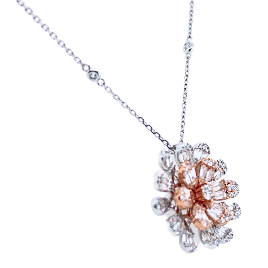 18k White Gold Flower Pendant Diamond Necklace 2.07Cts