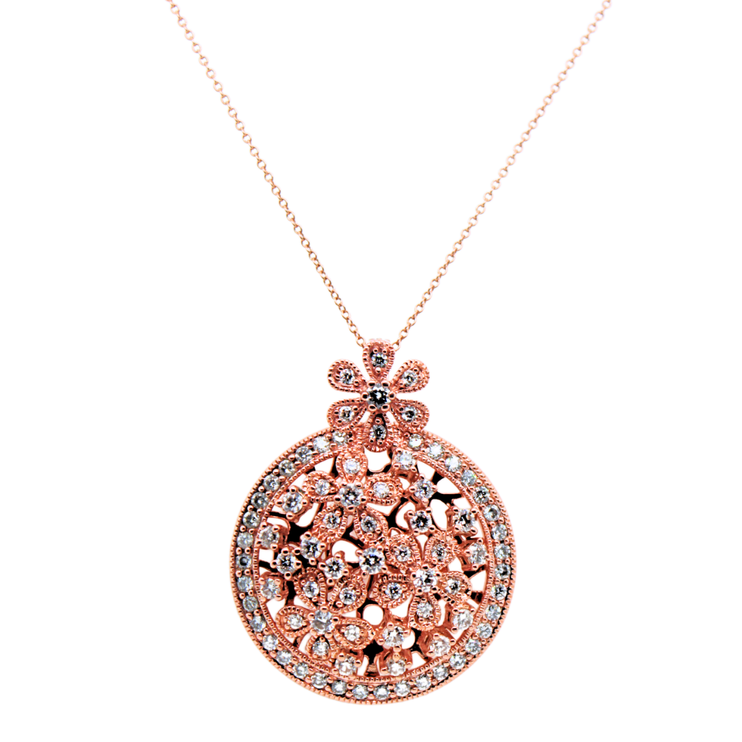 14k Rose Gold Flower and Filigree Detail Pendant Necklace 2.5CTW