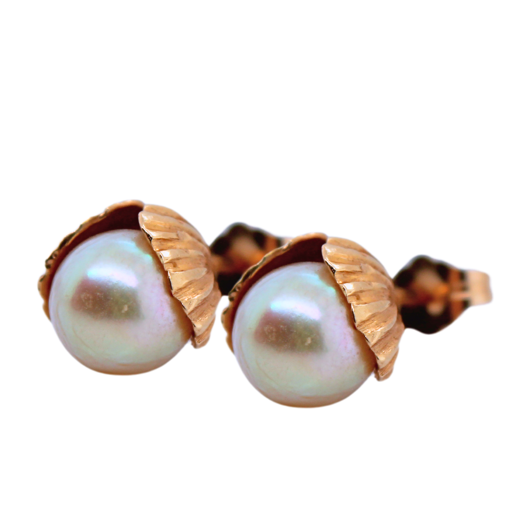 14k Yellow Gold Sea Shell and Pearl Stud Earrings