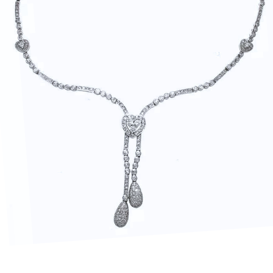 18k White Gold & Diamond Heart Drop Necklace 7.58 Cts.