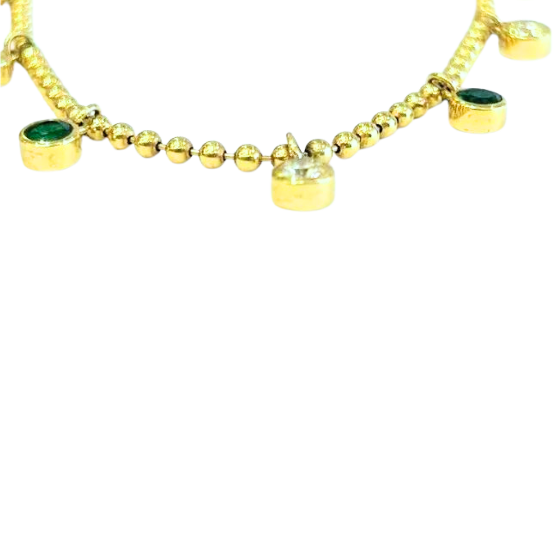 14K Yellow Gold Emerald & Diamond Ball Chain Drop Necklace 1.17 Carats