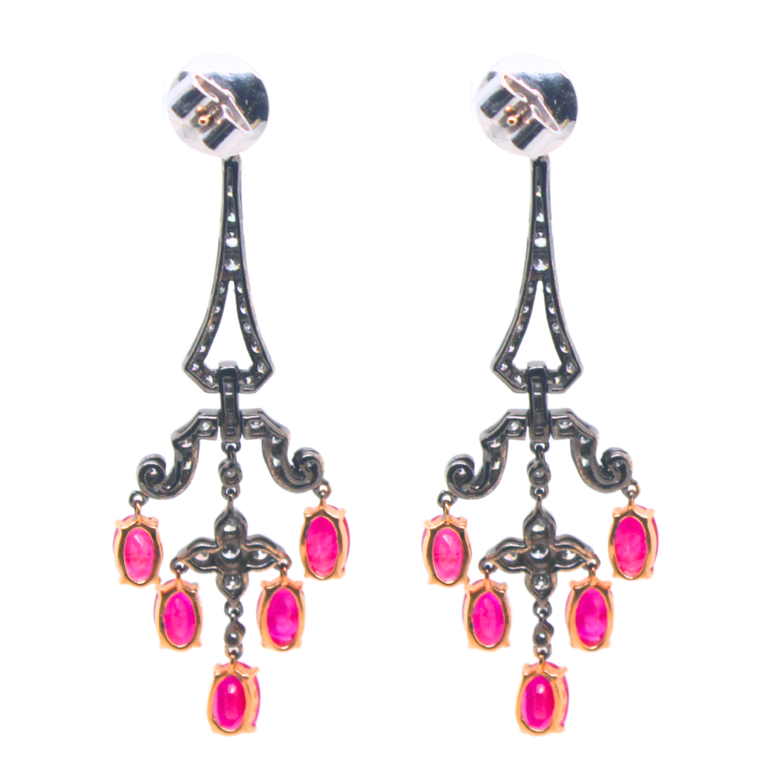 7.72 ctw. Diamond Natural RED Ruby Drop Earrings 18 K Gold Black Rhodium 9.9 g