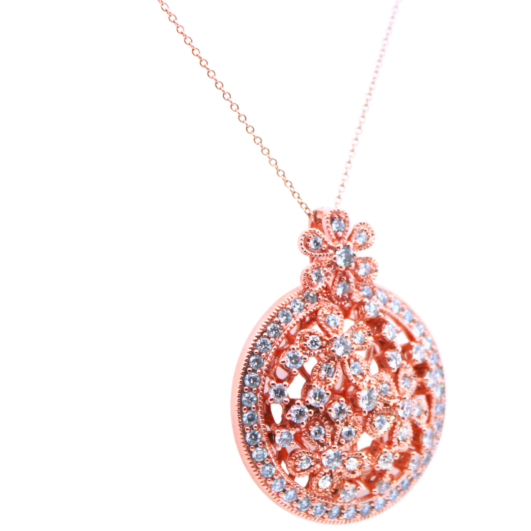 14k Rose Gold Flower and Filigree Detail Pendant Necklace 2.5CTW