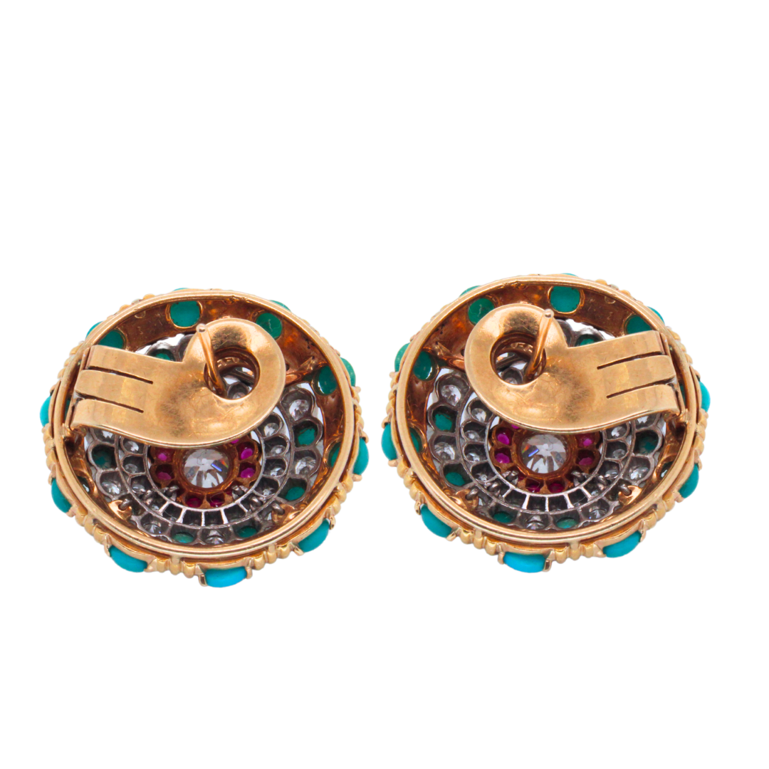 18k Yellow Gold Antique Round Turquoise and Ruby Diamond Earrings 4.25CTW