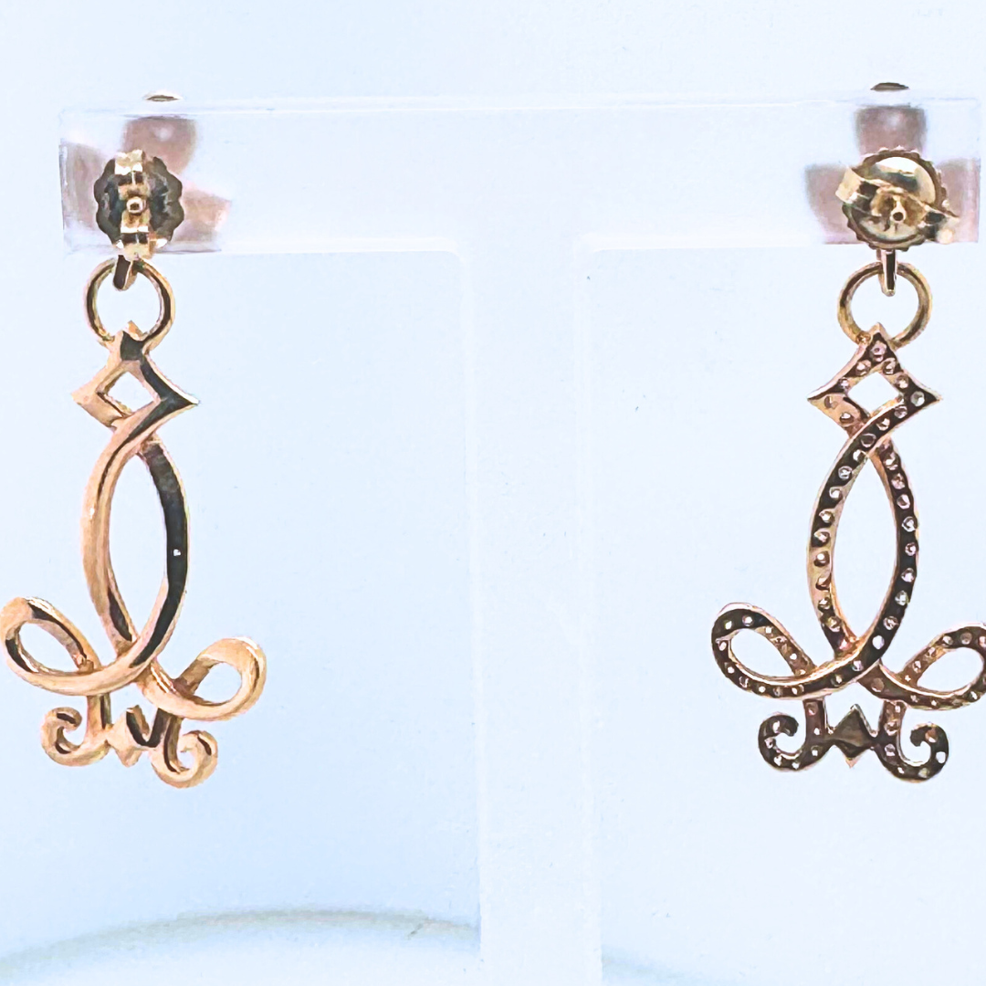 18k Rose Gold Fleur De Lis Diamond Dangling Earrings