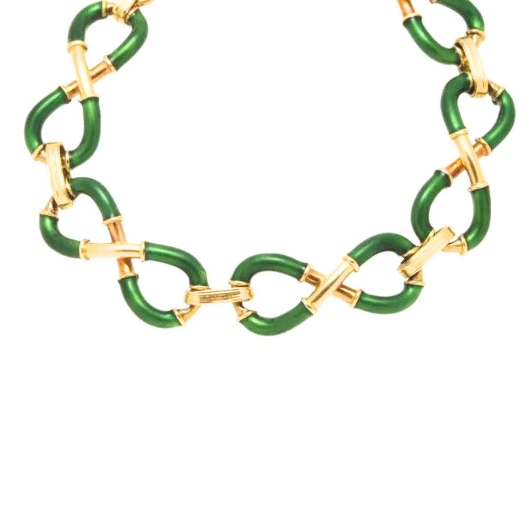 Vintage 18k Yellow Gold & Green Enamel Infinity Bracelet 31.59 Grams