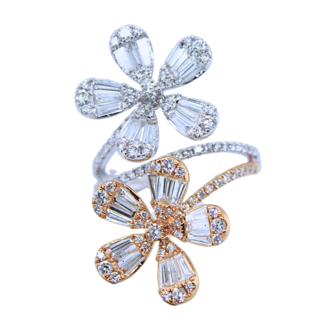 18K WHITE & YELLOW GOLD TWIN FLOWER RING 1.84CTS