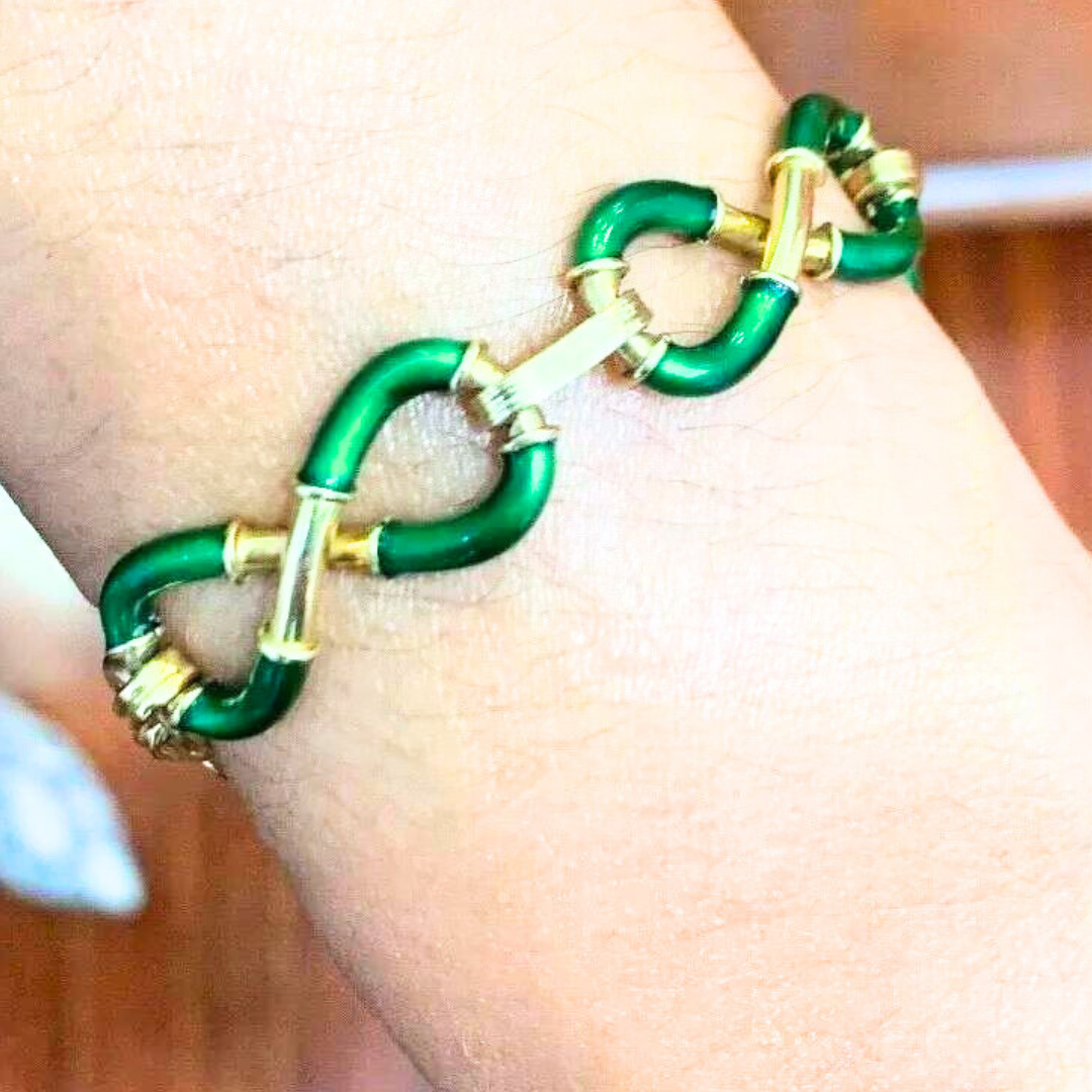 Vintage 18k Yellow Gold & Green Enamel Infinity Bracelet 31.59 Grams