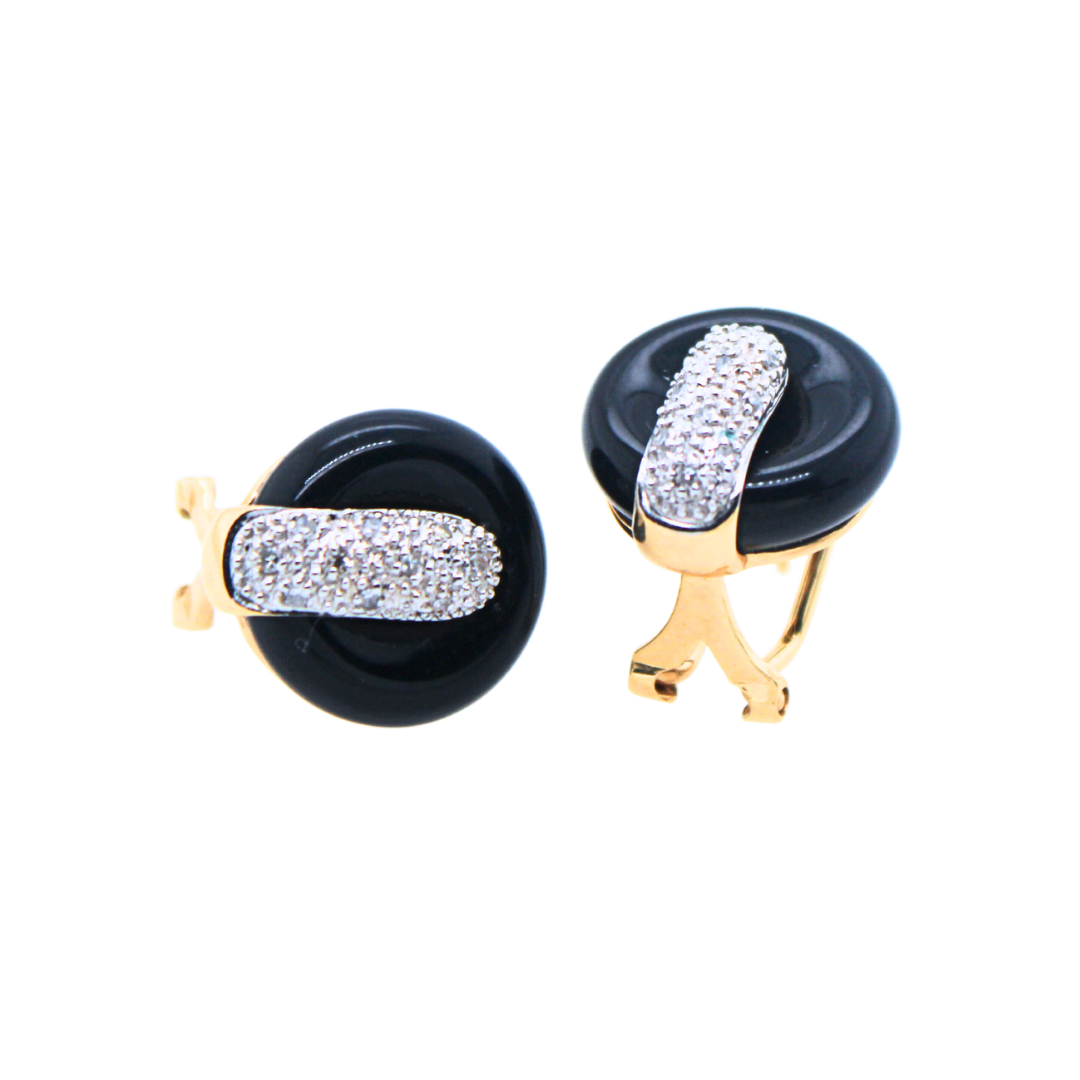 18K Yellow Gold Black Onyx and Diamond Earrings