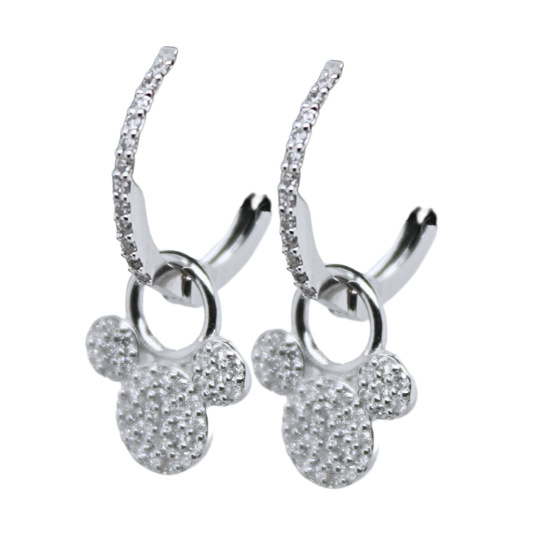 14k White Gold Mickey Mouse Diamond Huggie Hoop Earrings 0.25Ctw