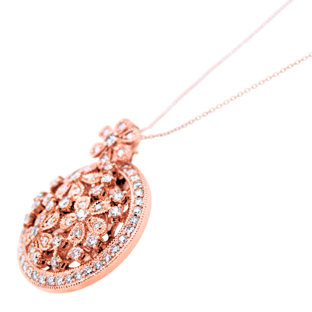 14k Rose Gold Flower and Filigree Detail Pendant Necklace 2.5CTW