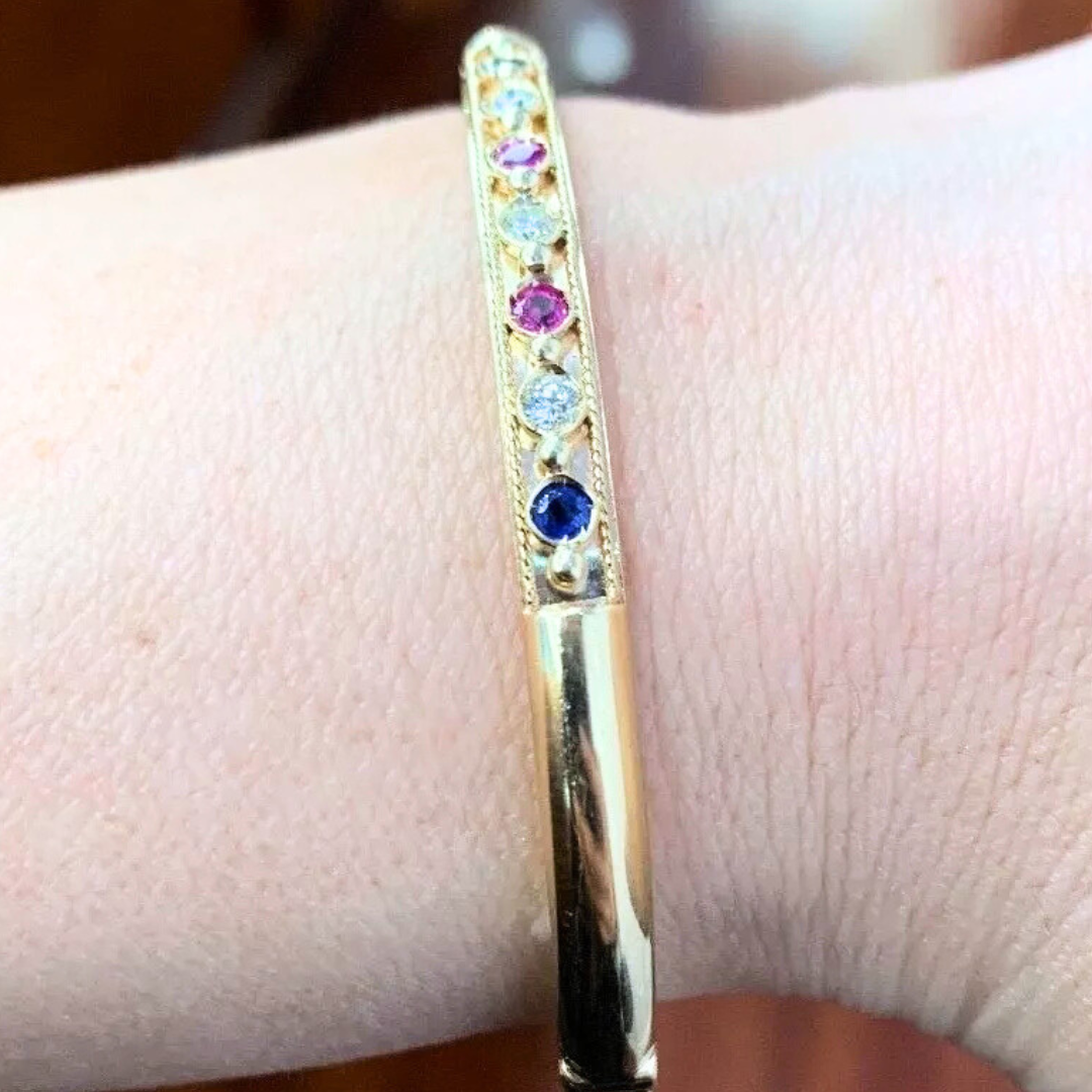 14K Yellow Gold, Diamond, Ruby & Sapphire Bangle 0.24 Tcw. 6.5' Inches 4.8 MM