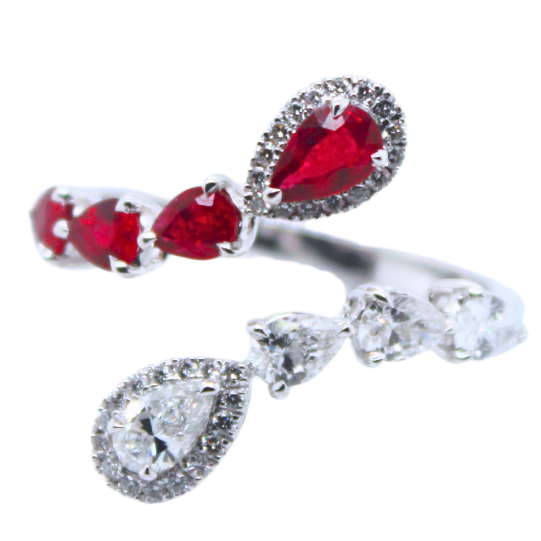 18K White Gold Diamond & Ruby Open Wrap Ring 1.41 Carats