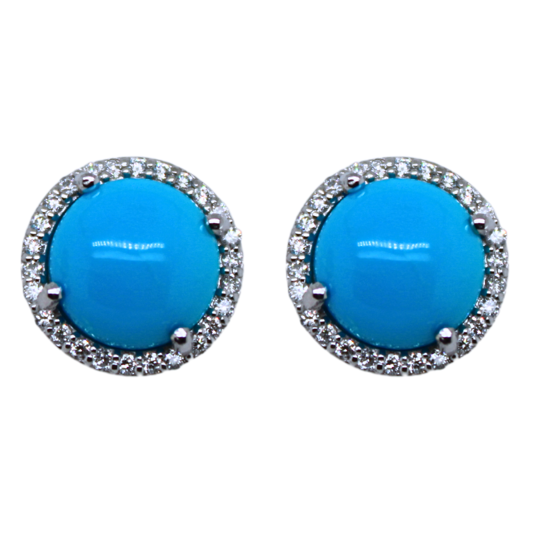 14k White Gold Circular Turquoise and Diamond Earrings 0.02Cts