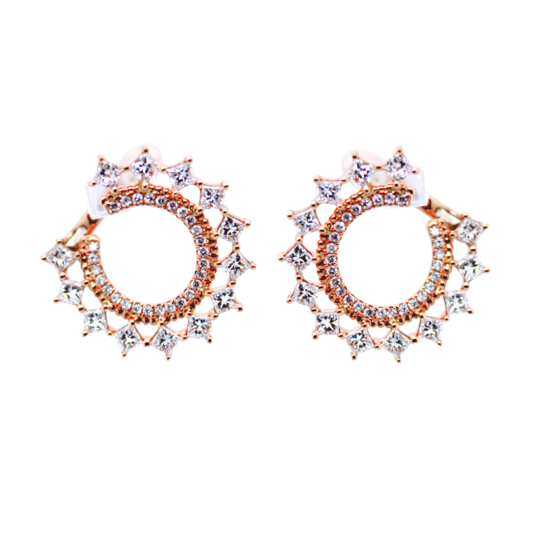 18K Rose Gold Classic Diamond Sideways Cluster Mini Hoop Earrings 1.53 Carats