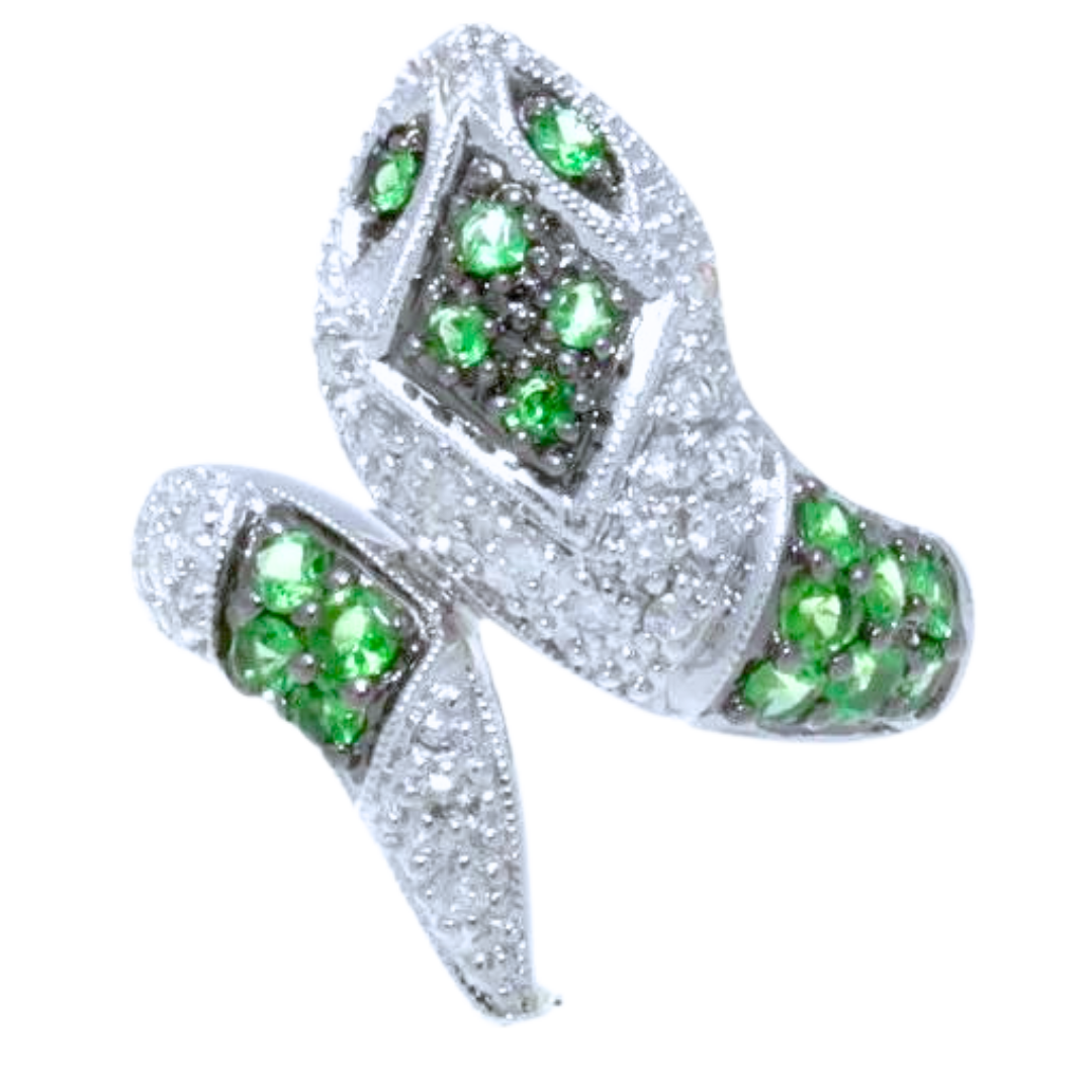 14k White Gold, Diamond & Tsavorite Snake Serpant Ring 0.75 cts.