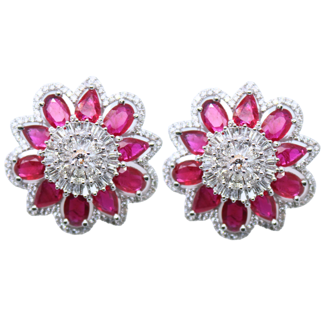 FLOWER RUBY AND DIAMOND EARRINGS 9.09CTW