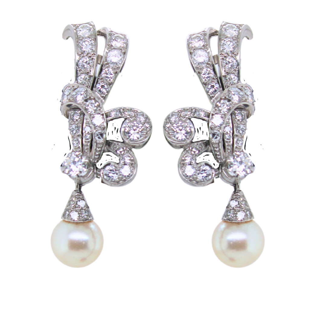 18K WHITE GOLD VINTAGE PEARL DROP EARRINGS 2.00CTS