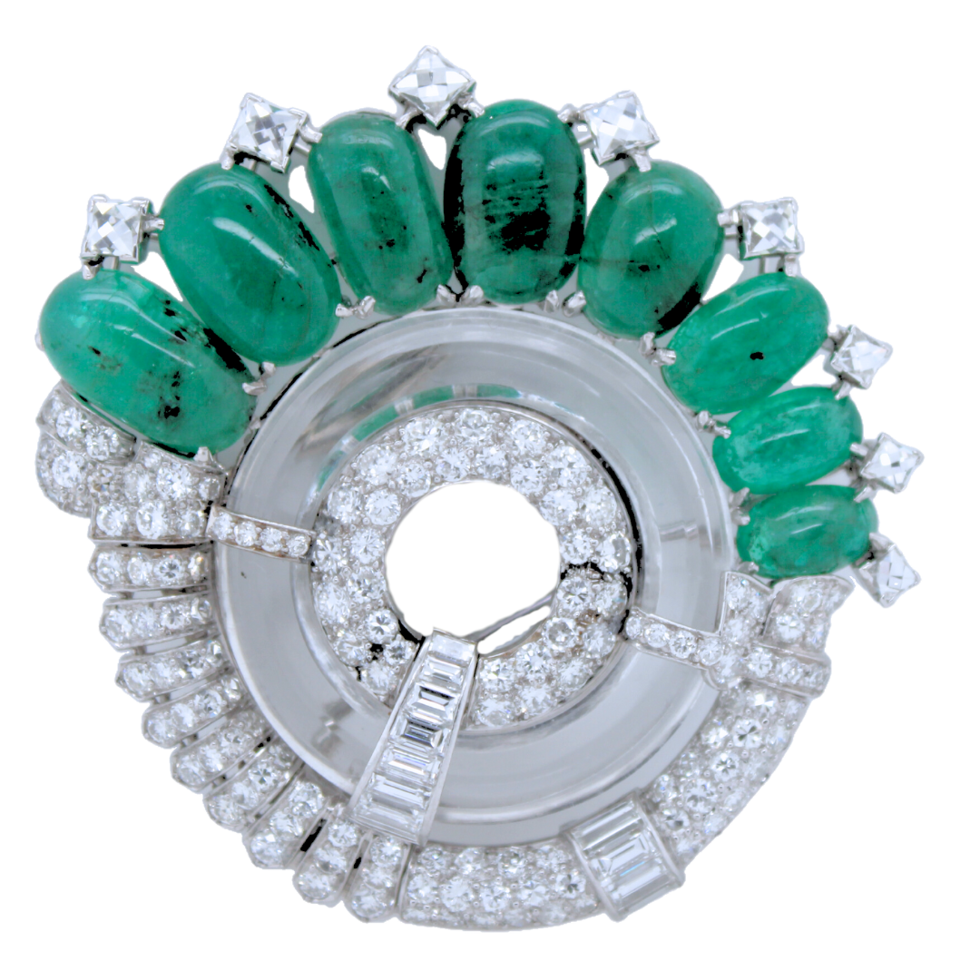 Platinum 8 Cabachon Emerald Crystal and Diamond Brooch 40.5g