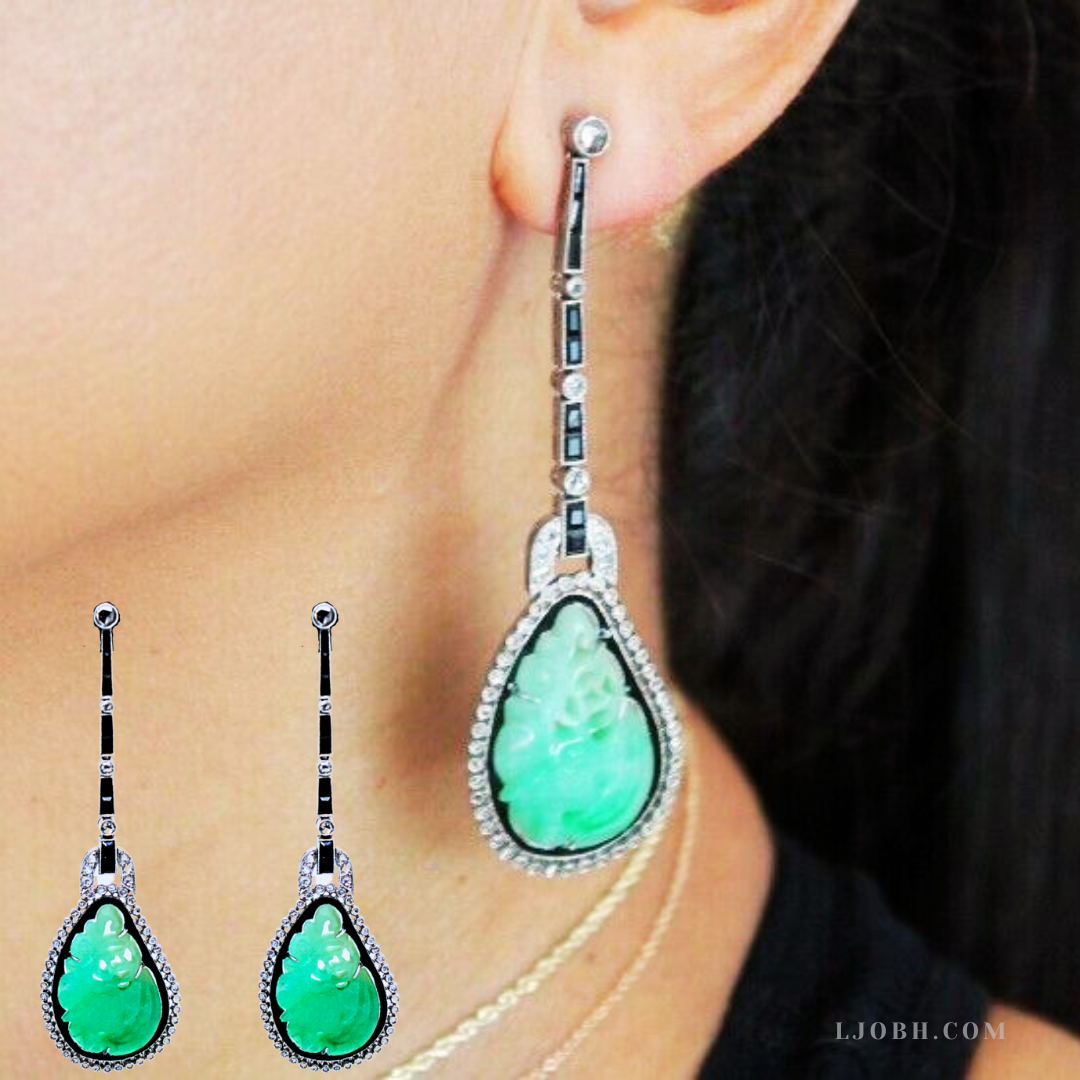 Art-Deco Carved Jade Diamond & Onyx Platinum Drop Earrings