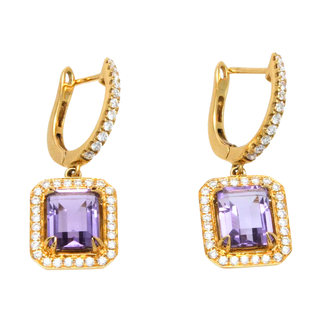 18K Yellow Gold .53ctw Diamond 3.21ctw. Purple Amethyst Earrings 4.75 gram