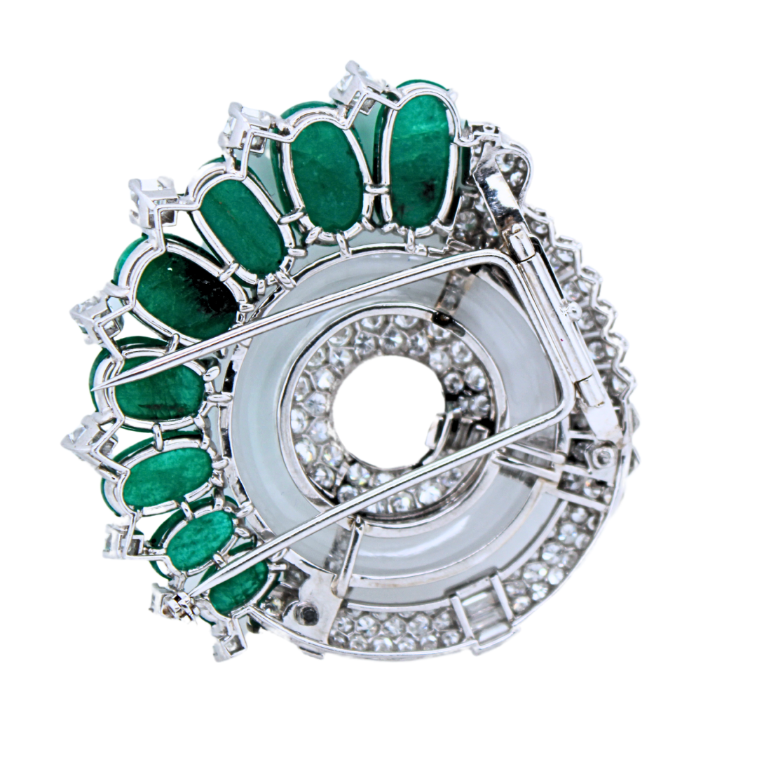 Platinum 8 Cabachon Emerald Crystal and Diamond Brooch 40.5g