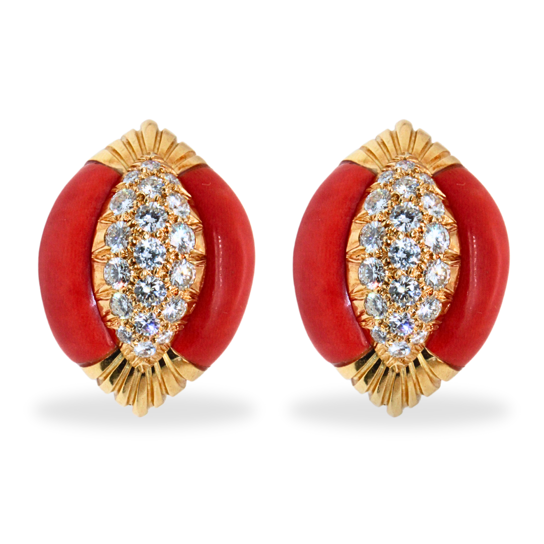 18k Yellow Gold Coral Diamond Earrings