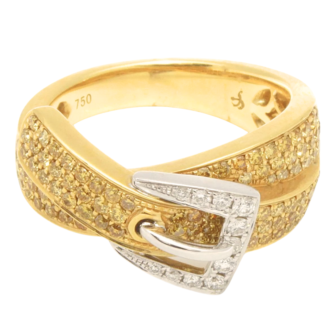 18K Yellow/White GOLD 0.85 ctw DIAMOND Belt Buckle BAND RING Size 6.5 8.85 g