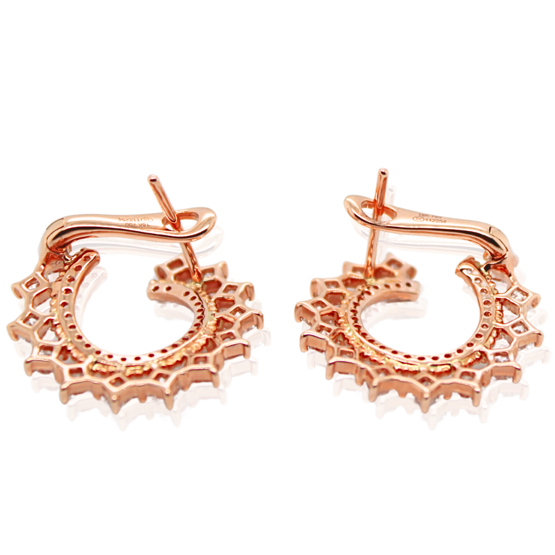 18K Rose Gold Classic Diamond Sideways Cluster Mini Hoop Earrings 1.53 Carats