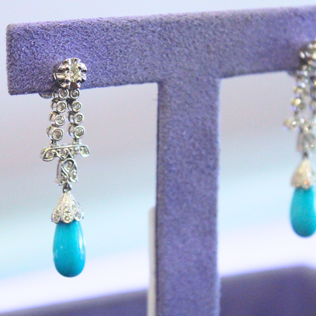 18KWG Turquoise & Diamond Drop Earrings 0.75Cts.