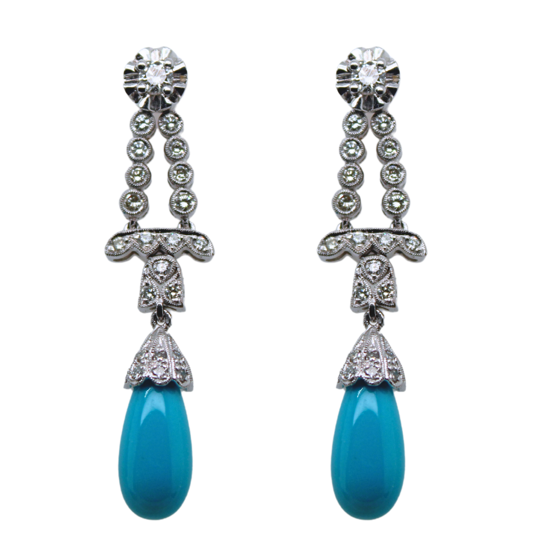 18KWG Turquoise & Diamond Drop Earrings 0.75Cts.