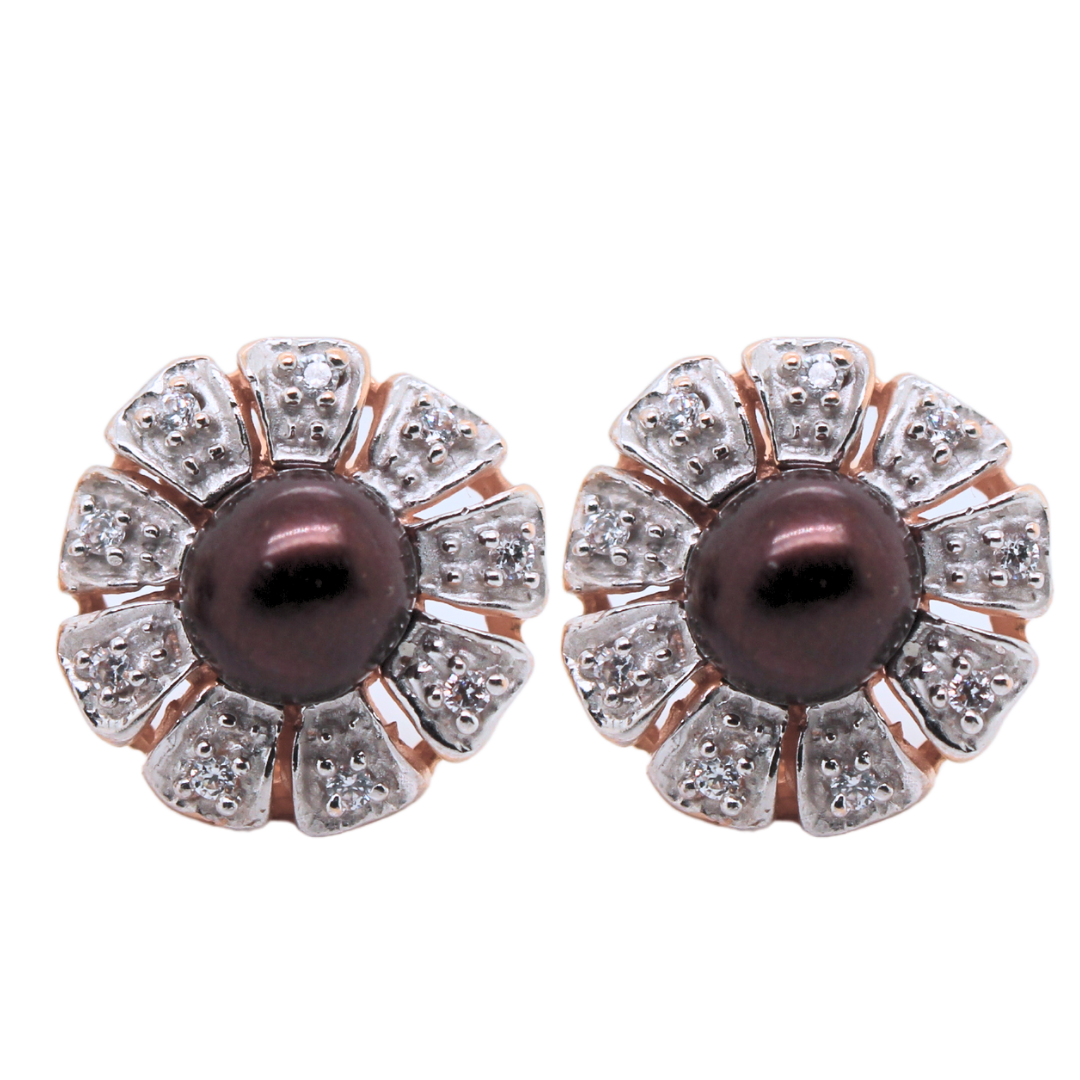 14k Rose Gold, Diamond &amp; Pearl Flower Huggie Earrings 0.20 Tcw.