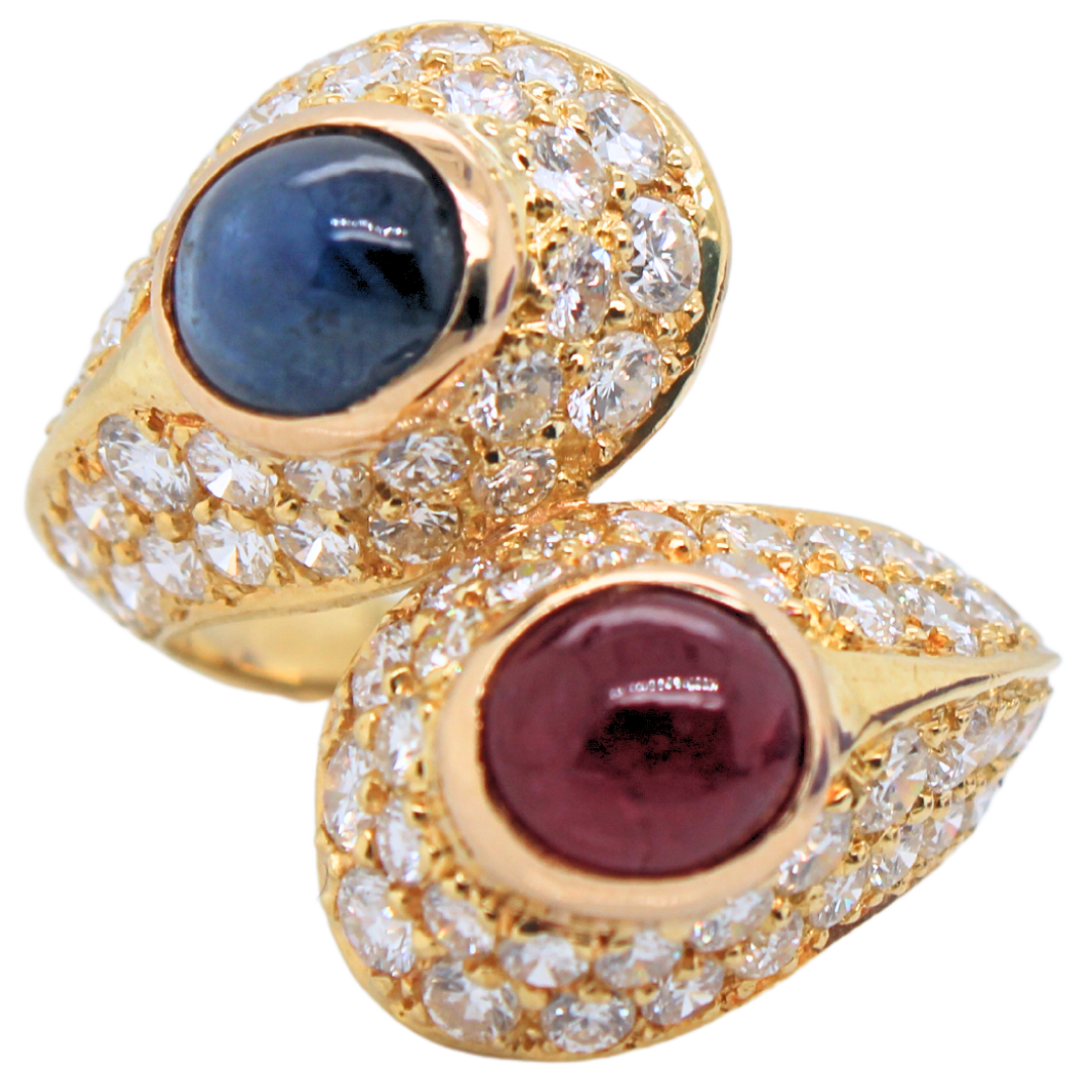 14K Yellow Gold His and Her Ruby and Sapphire Diamond Ring 2.80Cts