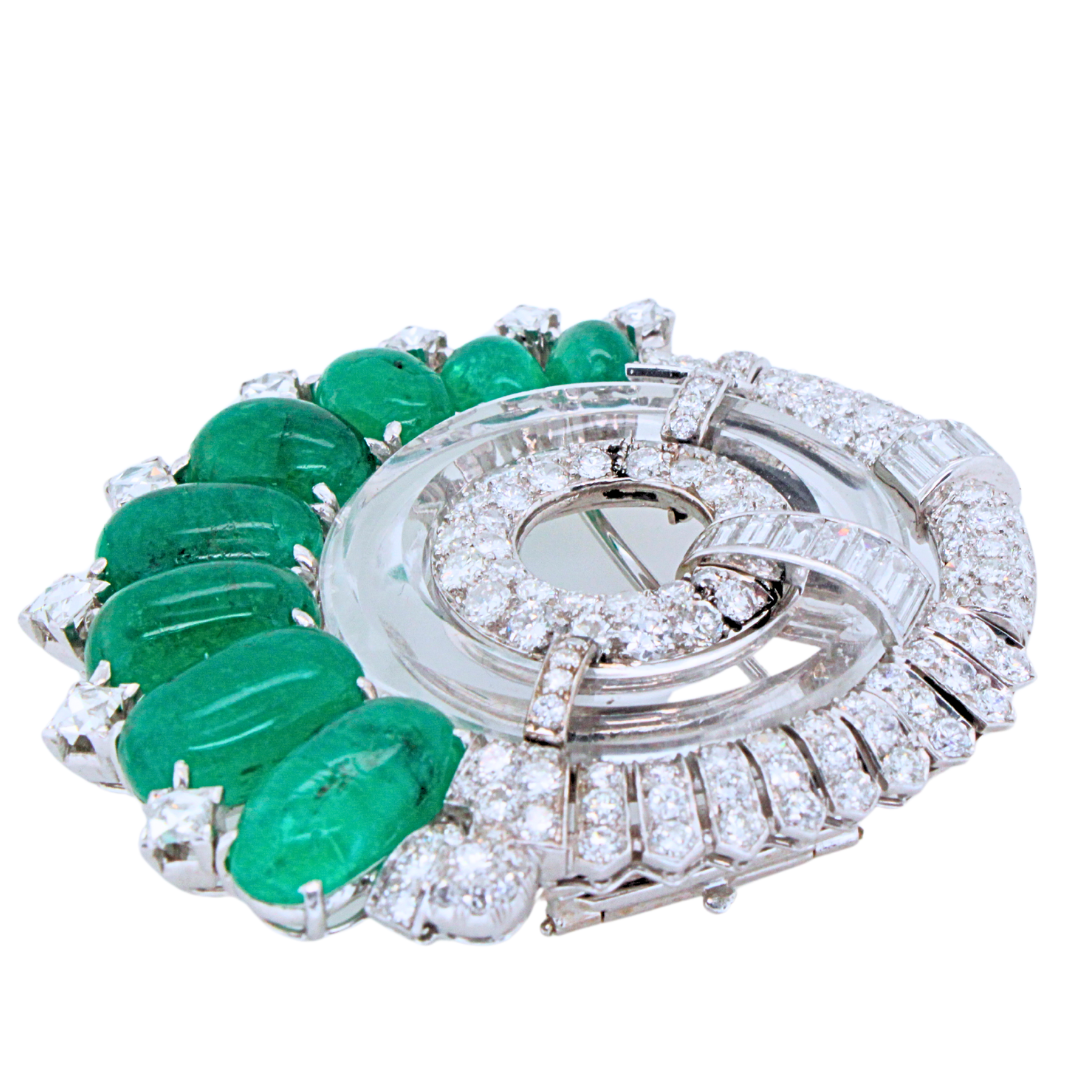 Platinum 8 Cabachon Emerald Crystal and Diamond Brooch 40.5g