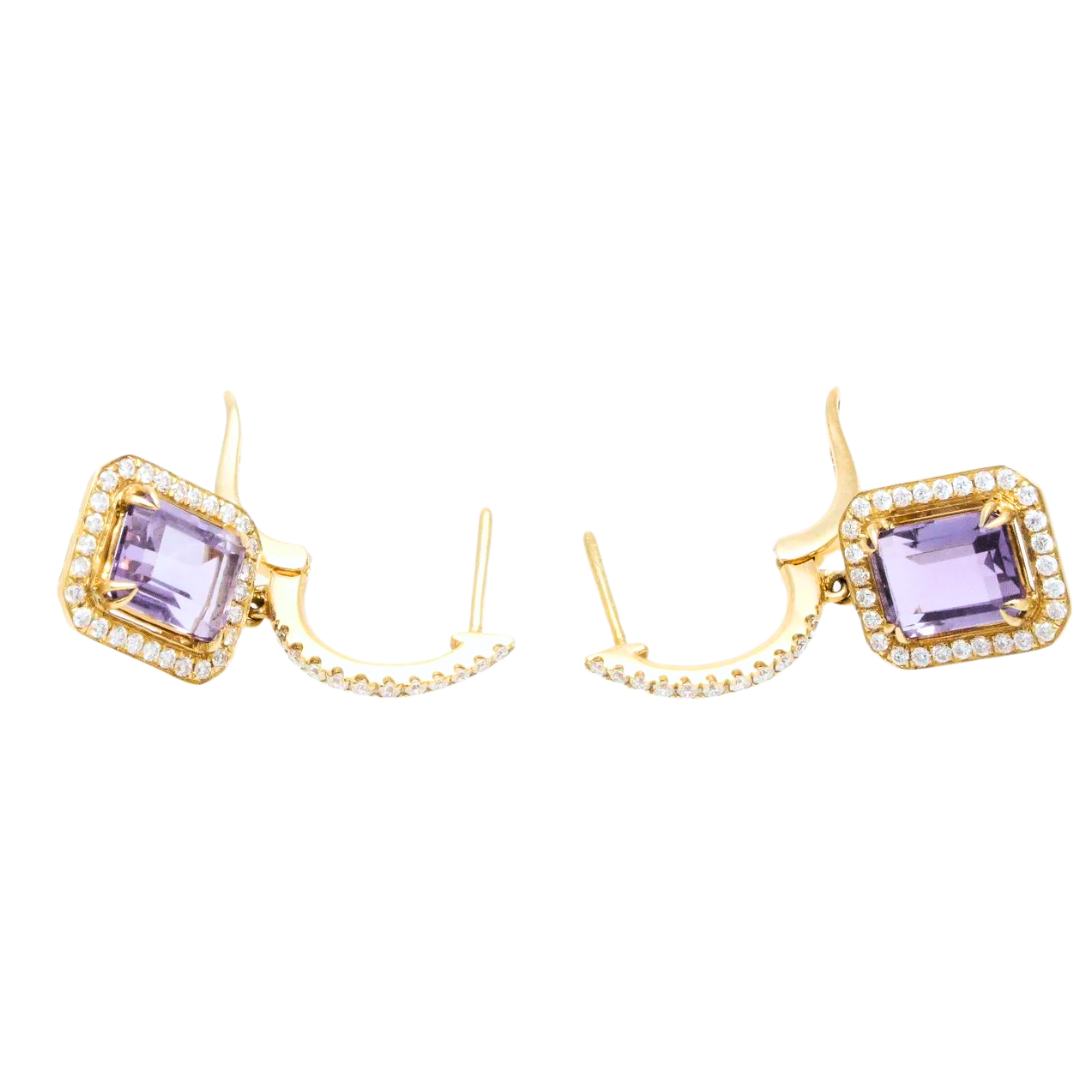 18K Yellow Gold .53ctw Diamond 3.21ctw. Purple Amethyst Earrings 4.75 gram