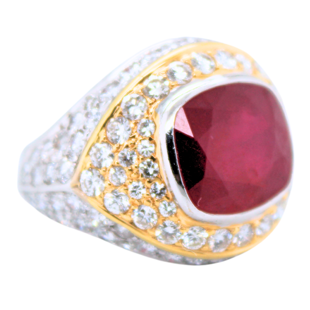 ESTATE 10.30 ctw. RUBY DIAMOND 18k Yellow/White Gold Fashion Ring Size 6.5 10.6g