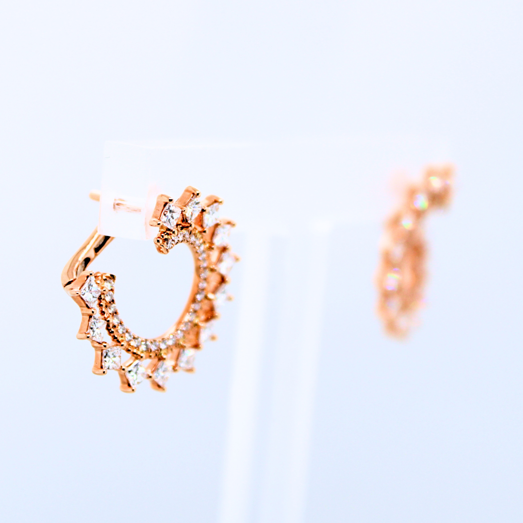 18K Rose Gold Classic Diamond Sideways Cluster Mini Hoop Earrings 1.53 Carats