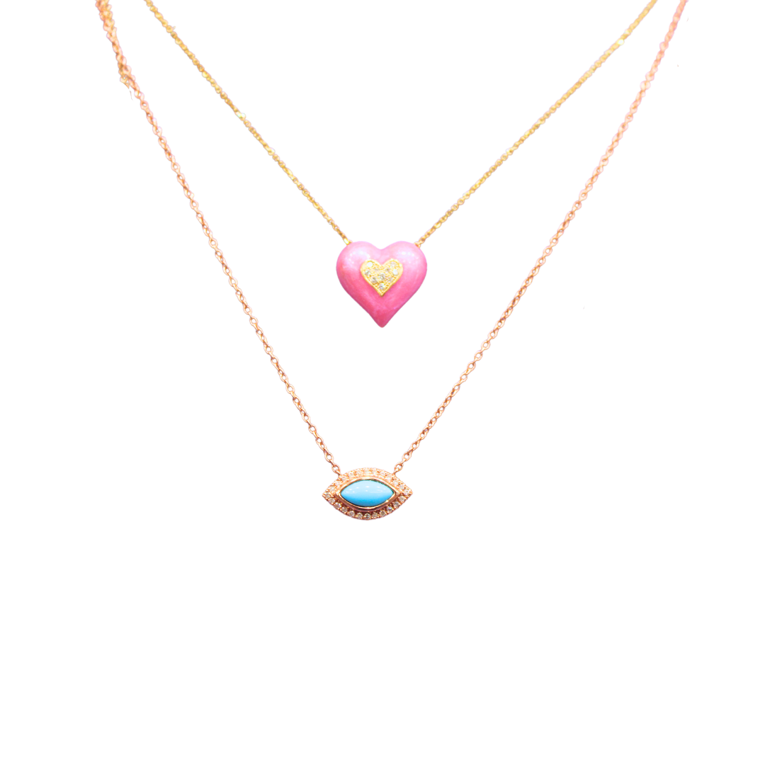 14k Yellow Gold Pink Enamel Heart Necklace