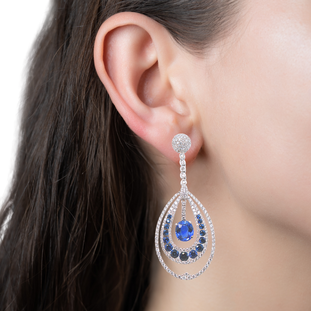 14K WHITE GOLD SAPPHIRE CHANDELIER EARRINGS 7.38CTW